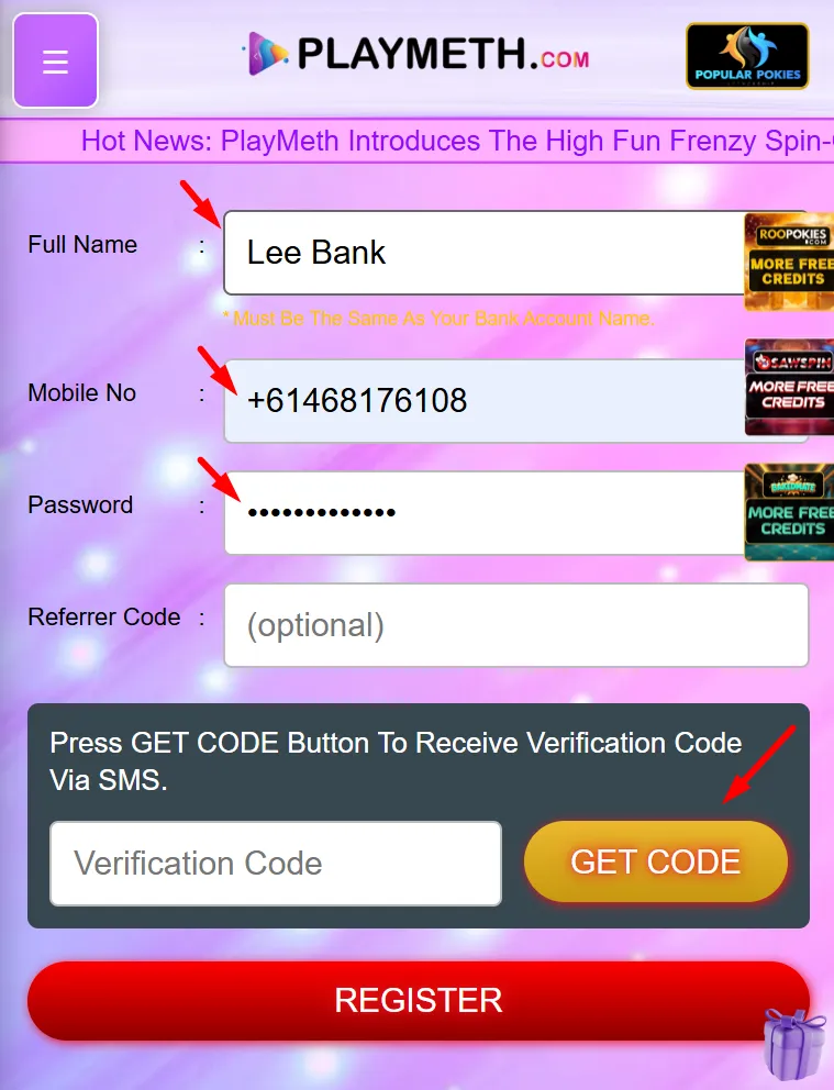 PlayMeth registration form fields