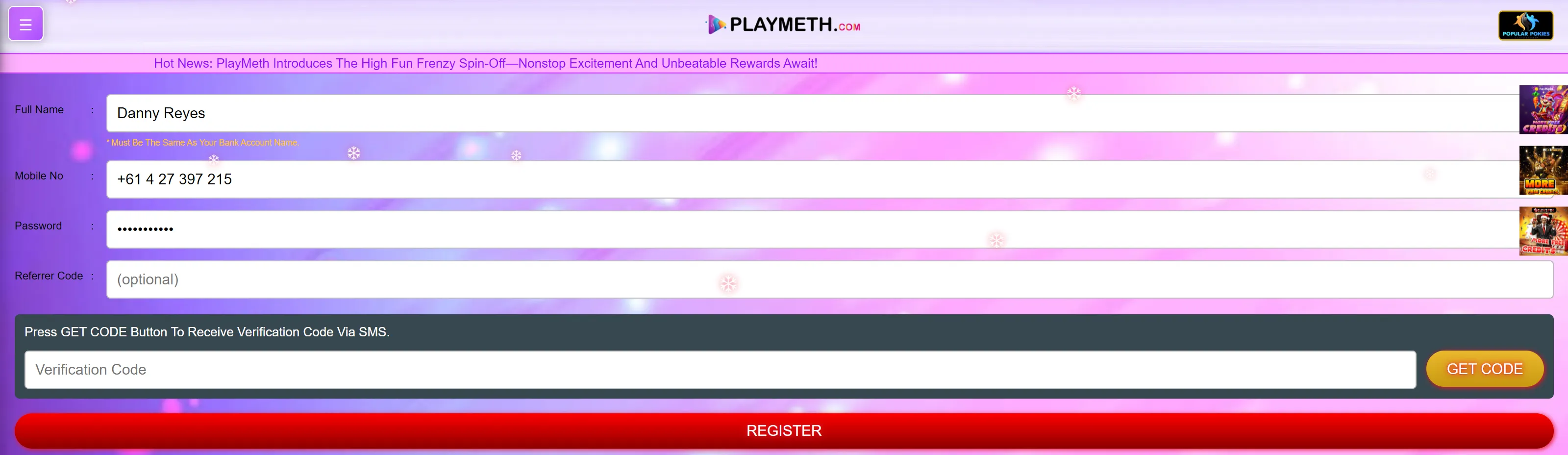 Quick signup form for new players